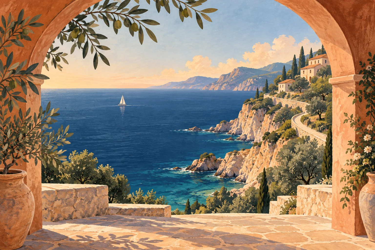 Illustration einer sonnigen Küstenlandschaft, gerahmt von einem Terrakottabogen und Olivenzweigen