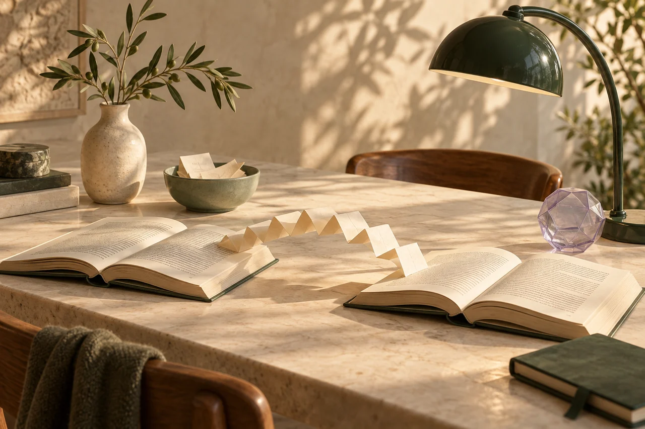 Zwei offene Bücher, verbunden durch eine zarte Papierbrücke, auf einem sonnigen Studiertisch.