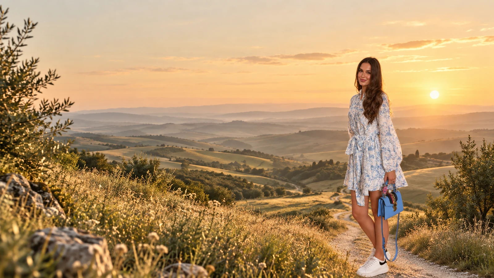 Leana im blau-weißen Kleid, vor einer sonnigen Landschaft